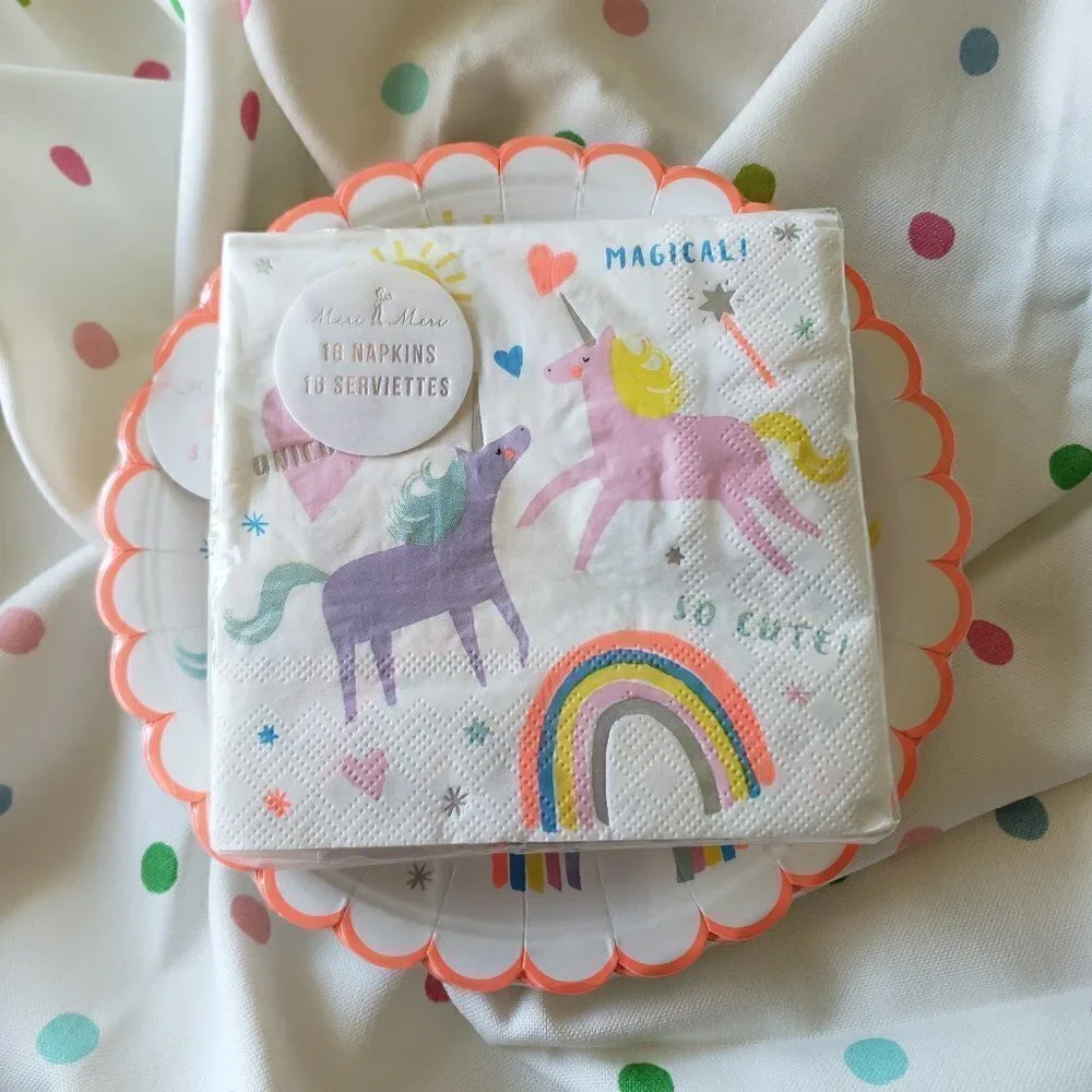 NWT - Meri Meri Unicorn Rainbow Paper Plates (8) and Paper Napkins (16)
